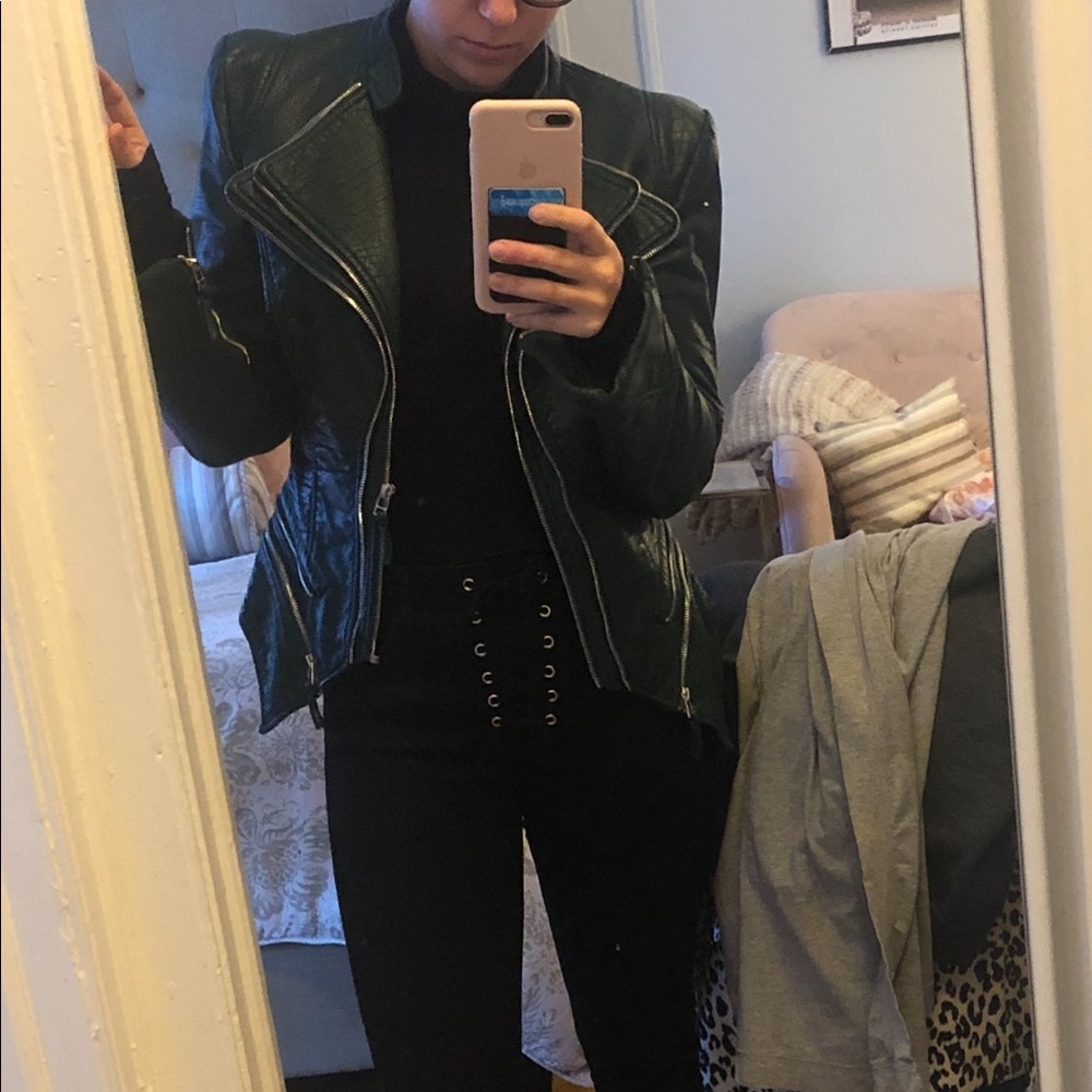 Akira forest green leather moto jacket